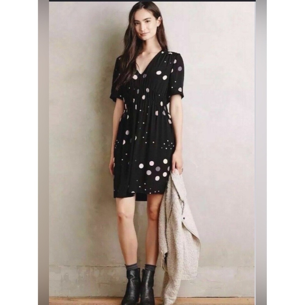 HD in‎ Paris Anthropologie Felicity Black Polka Dot Empire Waist Dress Size 8